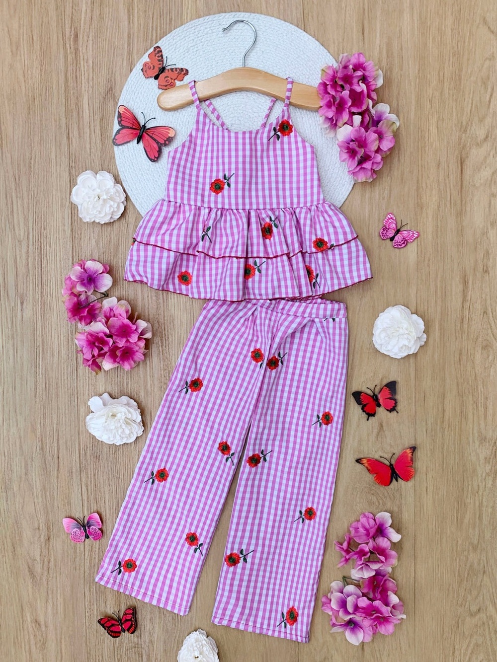 Sweet Bloom Gingham Embroidered Set